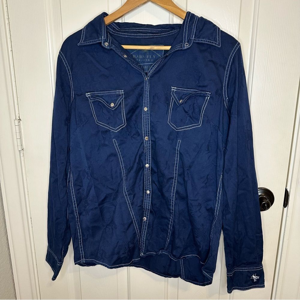 Barn Fly Trading Navy Blue Night Novelty Print Snap Up Long Sleeve Sz XL Weatern